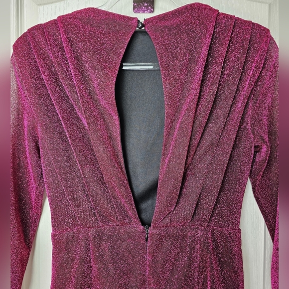 Faeriesty Womens Elegant Sparkly Glittery Magenta Gown, Thigh Slit, Sheer Arms S - Picture 5 of 11